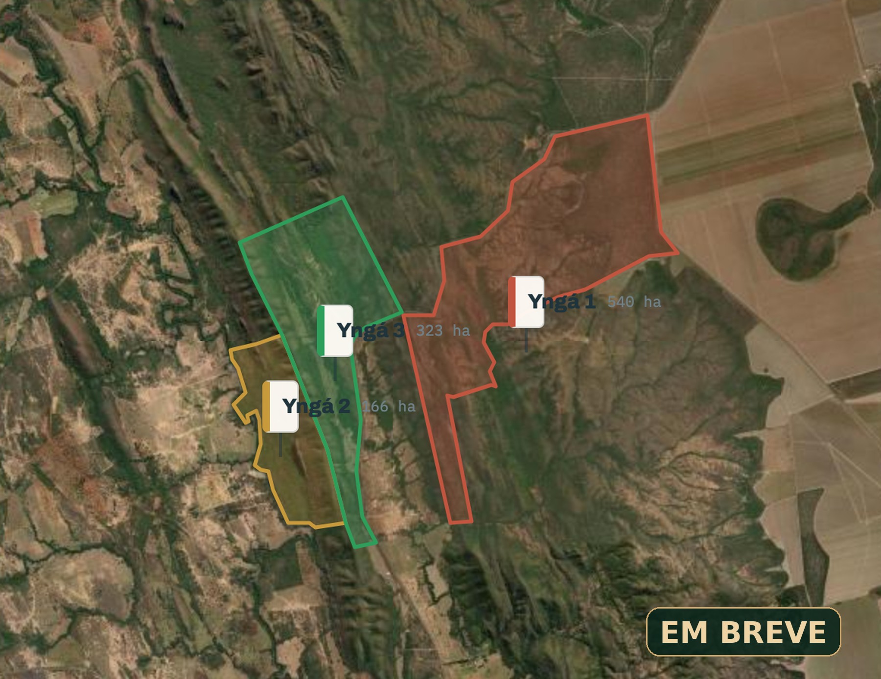 Mapa de referência das três fazendas Yngá, com limites indicativos e aviso Em breve